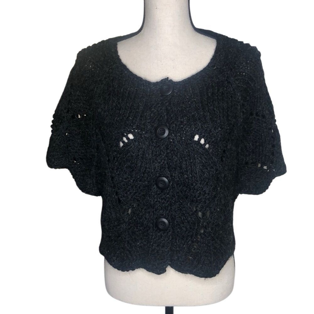 Mystree Dark Gray Open Knit Wool Blend Mixed Stitch Cropped Sweater Sz M/L